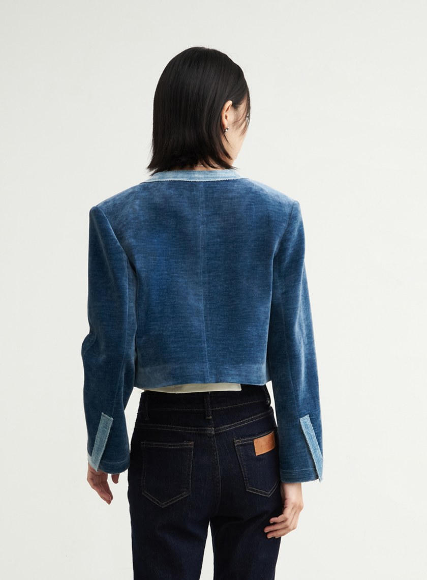 絨面無領雙色短版長袖外套